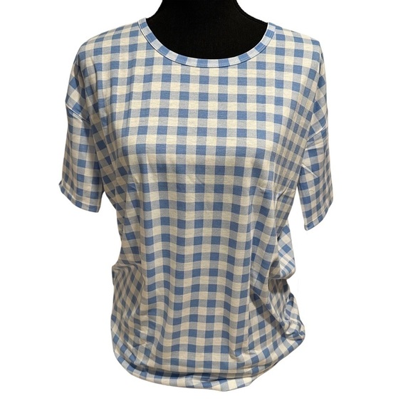 LulaRoe Irma Tunic Short Sleeve Checked Print Light Blue & White XXS-XS 00-0 - Picture 1 of 10